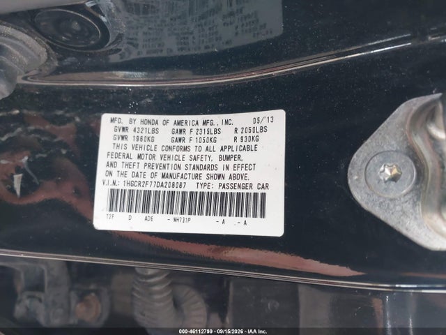 46112799 :رقم المزاد ، 1HGCR2F77DA208087 vin ، 2013 Honda Accord Ex مزاد بيع