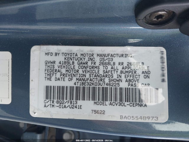 Продажа на аукционе авто 2003 Toyota Camry Le, vin: 4T1BE32K03U746225, номер лота: 46112802