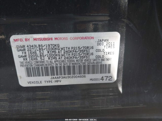 Продажа на аукционе авто 2012 Mitsubishi Outlander Sport Es, vin: JA4AP3AU3CZ004606, номер лота: 46112805