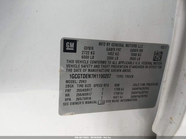 Aukcja sprzedaży 2017 Chevrolet Colorado Z71, vin: 1GCGTDEN7H1190287, numer aukcji: 46112822