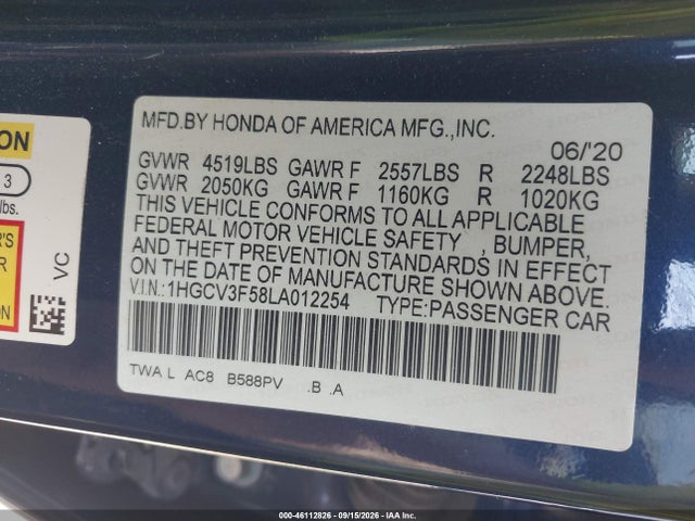 46112826 :رقم المزاد ، 1HGCV3F58LA012254 vin ، 2020 Honda Accord Hybrid Ex-l مزاد بيع