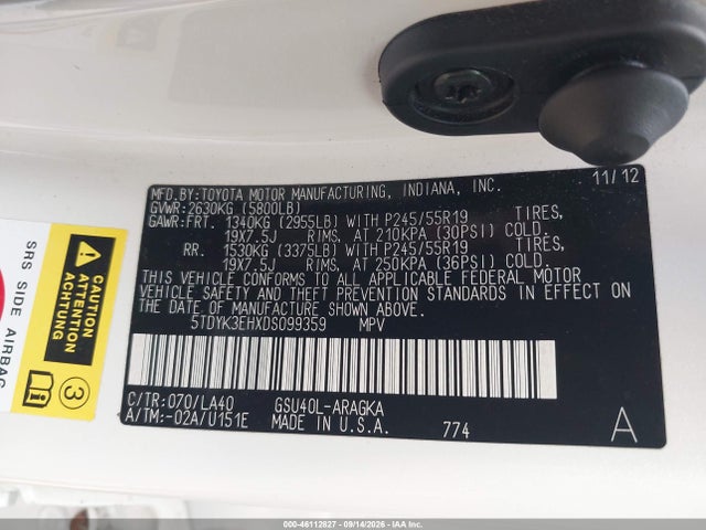 Auction sale of the 2013 Toyota Highlander Limited V6, vin: 5TDYK3EHXDS099359, lot number: 46112827