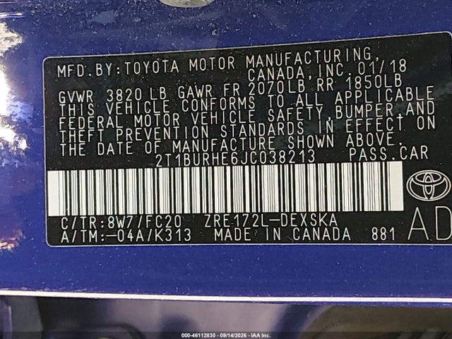 Aukcja sprzedaży 2018 Toyota Corolla Se, vin: 2T1BURHE6JC038213, numer aukcji: 46112830