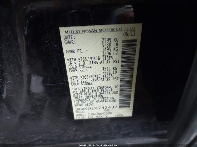 46112833 :رقم المزاد ، 1N6AD0ER2DN742437 vin ، 2013 Nissan Frontier Sv مزاد بيع