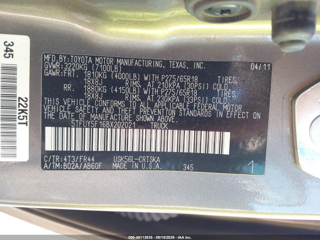 Продажа на аукционе авто 2011 Toyota Tundra Grade 5.7l V8, vin: 5TFUY5F16BX202021, номер лота: 46112835
