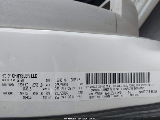 46112838 :رقم المزاد ، 2D8HN54139R615523 vin ، 2009 Dodge Grand Caravan Sxt مزاد بيع
