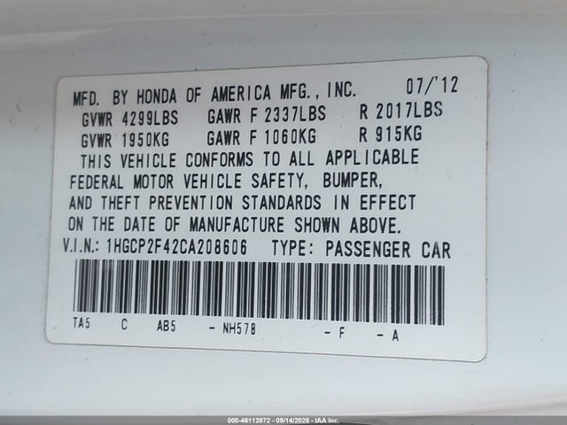 Продажа на аукционе авто 2012 Honda Accord Lxp, vin: 1HGCP2F42CA208606, номер лота: 46112872