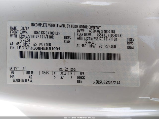 Продажа на аукционе авто 2017 Ford F-350 Chassis Xl, vin: 1FDRF3G68HEE51091, номер лота: 46112880