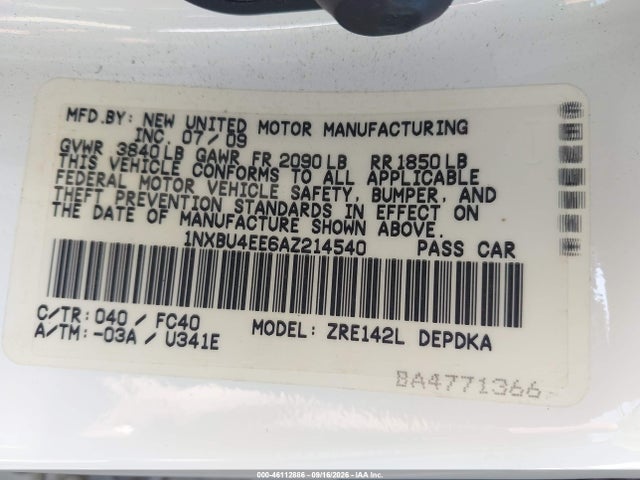 2010 Toyota Corolla Le მანქანა იყიდება აუქციონზე, vin: 1NXBU4EE6AZ214540, აუქციონის ნომერი: 46112886