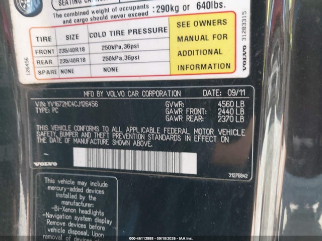 2012 Volvo C70 T5 მანქანა იყიდება აუქციონზე, vin: YV1672MC4CJ126456, აუქციონის ნომერი: 46112888