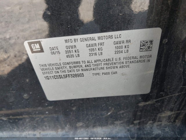 46112892 :رقم المزاد ، 1G11C5SL5FF328903 vin ، 2015 Chevrolet Malibu 1lt مزاد بيع