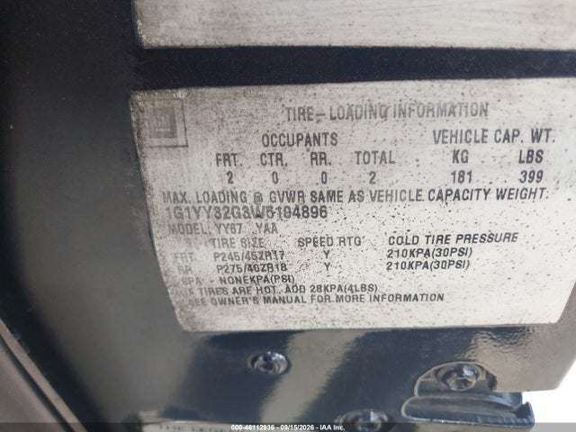 46112936 :رقم المزاد ، 1G1YY32G3W5104896 vin ، 1998 Chevrolet Corvette مزاد بيع