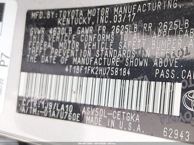 Toyota CAMRY XLE 2017 4T1BF1FK2HU758184 Image 9