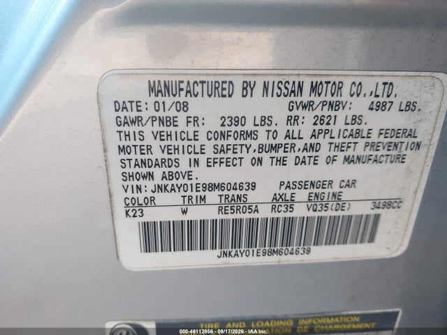 46112956 :رقم المزاد ، JNKAY01E98M604639 vin ، 2008 Infiniti M35 مزاد بيع