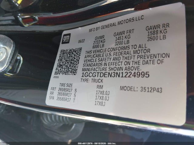 46112976 :رقم المزاد ، 1GCGTDEN3N1224995 vin ، 2022 Chevrolet Colorado 4wd  Short Box Z71 مزاد بيع