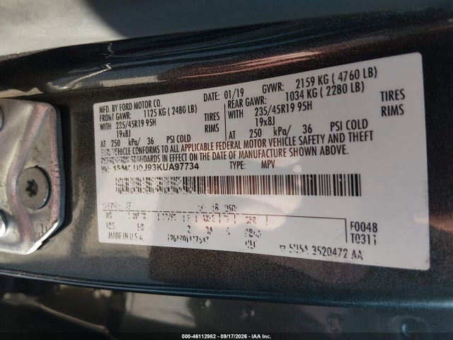 Продаж на аукціоні авто 2019 Ford Escape Titanium, vin: 1FMCU0J93KUA97734, номер лоту: 46112982