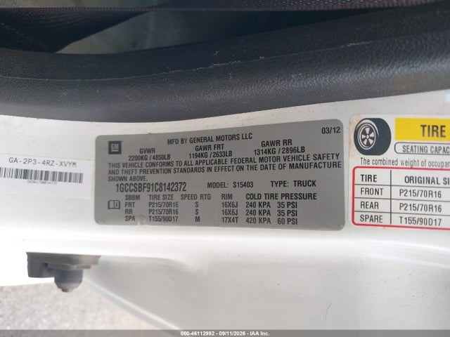 2012 Chevrolet Colorado Work Truck მანქანა იყიდება აუქციონზე, vin: 1GCCSBF91C8142372, აუქციონის ნომერი: 46112992