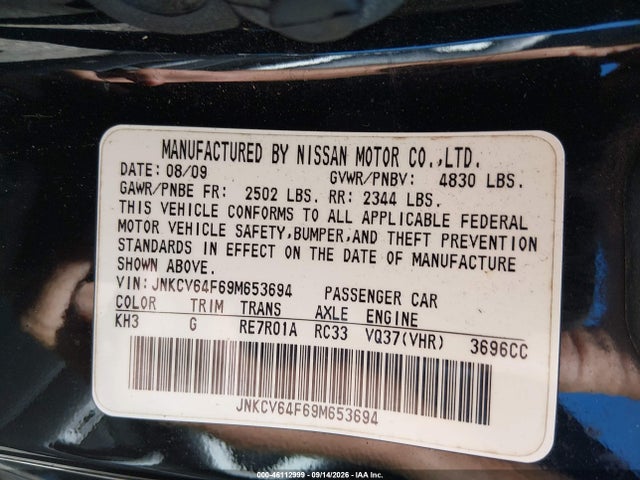 2009 Infiniti G37x მანქანა იყიდება აუქციონზე, vin: JNKCV64F69M653694, აუქციონის ნომერი: 46112999