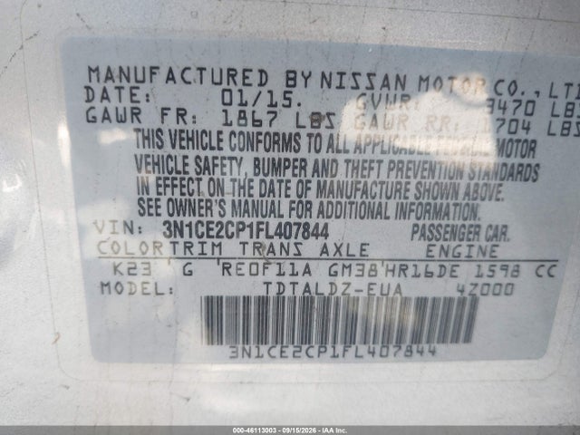 46113003 :رقم المزاد ، 3N1CE2CP1FL407844 vin ، 2015 Nissan Versa Note S (sr)/s Plus/sl/sr/sv مزاد بيع