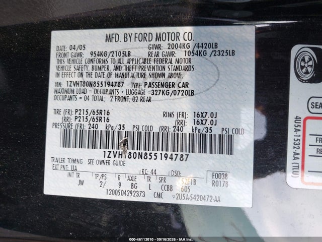 Aukcja sprzedaży 2005 Ford Mustang V6 Deluxe/v6 Premium, vin: 1ZVHT80N855194787, numer aukcji: 46113010