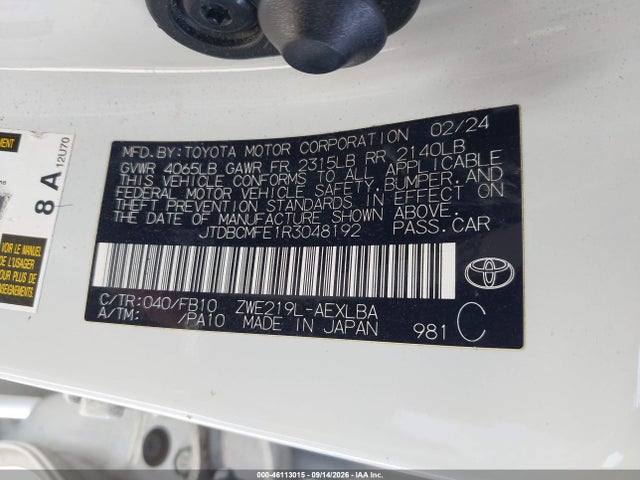 2024 Toyota Corolla Hybrid Le მანქანა იყიდება აუქციონზე, vin: JTDBCMFE1R3048192, აუქციონის ნომერი: 46113015