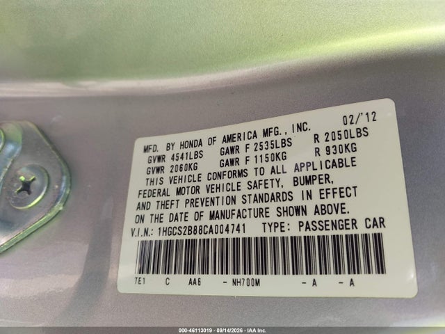 Aukcja sprzedaży 2012 Honda Accord 3.5 Ex-l, vin: 1HGCS2B88CA004741, numer aukcji: 46113019