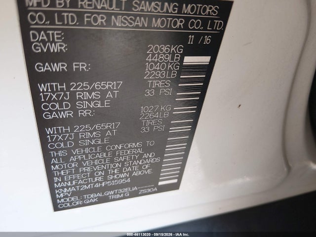 46113020 :رقم المزاد ، KNMAT2MT4HP515954 vin ، 2017 Nissan Rogue Sv مزاد بيع