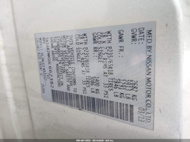 46113022 :رقم المزاد ، 5N1AR2MM1DC662382 vin ، 2013 Nissan Pathfinder Sv مزاد بيع