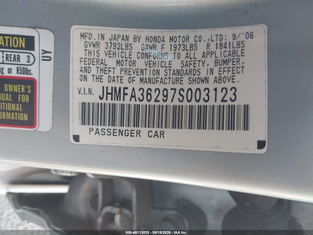Aukcja sprzedaży 2007 Honda Civic Hybrid, vin: JHMFA36297S003123, numer aukcji: 46113025