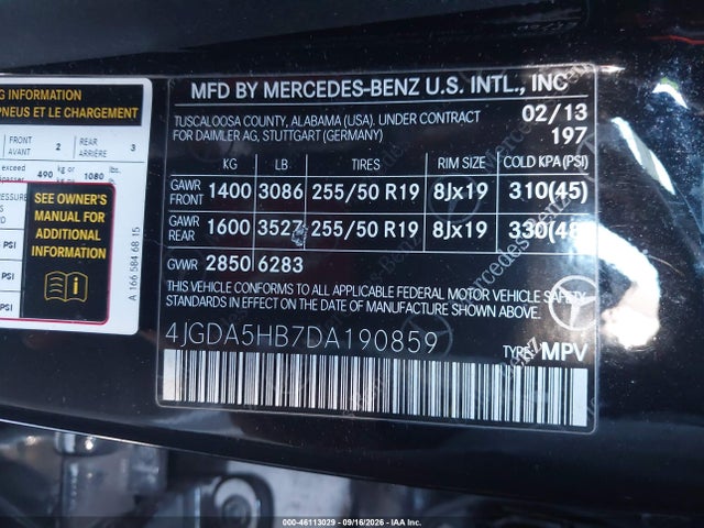 Aukcja sprzedaży 2013 Mercedes-benz Ml 350 4matic, vin: 4JGDA5HB7DA190859, numer aukcji: 46113029