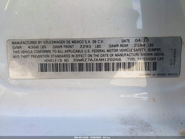 46113039 :رقم المزاد ، 3VWRZ7AJXAM120266 vin ، 2010 Volkswagen Jetta Limited Edition مزاد بيع