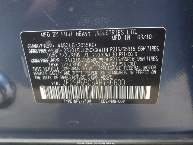 Auction sale of the 2010 Subaru Forester 2.5x, vin: JF2SH6BC6AH786600, lot number: 46113046