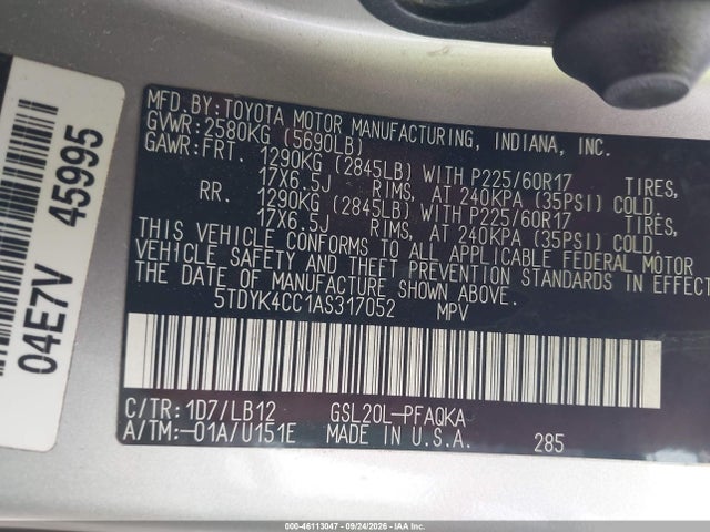 Продажа на аукционе авто 2010 Toyota Sienna Xle, vin: 5TDYK4CC1AS317052, номер лота: 46113047