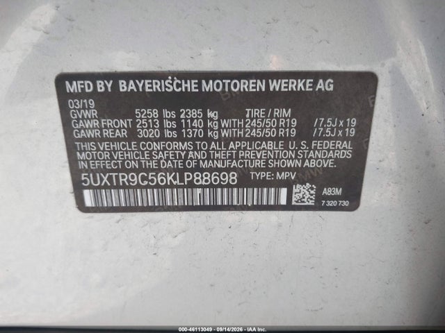 Продажа на аукционе авто 2019 Bmw X3 Xdrive30i, vin: 5UXTR9C56KLP88698, номер лота: 46113049