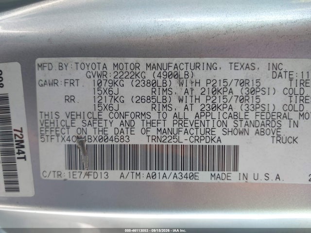 46113053 :رقم المزاد ، 5TFTX4CN4BX004683 vin ، 2011 Toyota Tacoma مزاد بيع