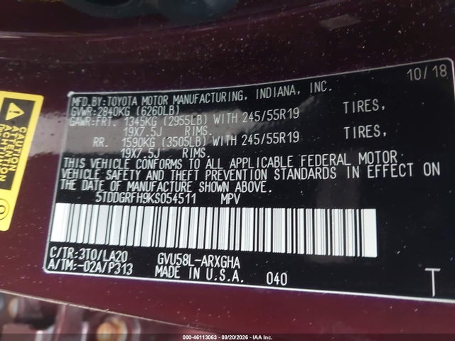 46113063 :رقم المزاد ، 5TDDGRFH9KS054511 vin ، 2019 Toyota Highlander Hybrid Limited مزاد بيع