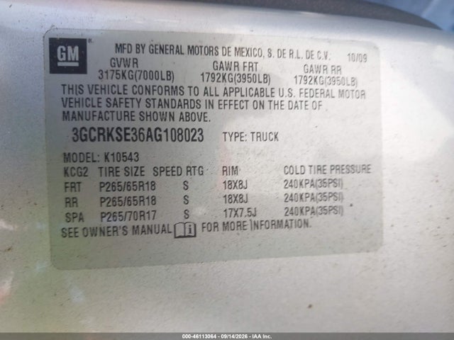 46113064 :رقم المزاد ، 3GCRKSE36AG108023 vin ، 2010 Chevrolet Silverado 1500 Lt مزاد بيع