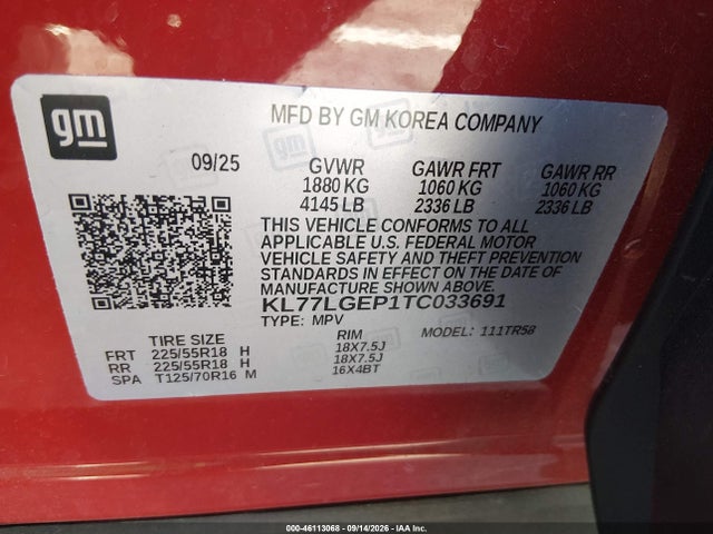 46113068 :رقم المزاد ، KL77LGEP1TC033691 vin ، 2026 Chevrolet Trax Fwd 1rs مزاد بيع