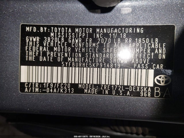 Продаж на аукціоні авто 2019 Toyota Corolla Se, vin: 5YFBURHE5KP914819, номер лоту: 46113070
