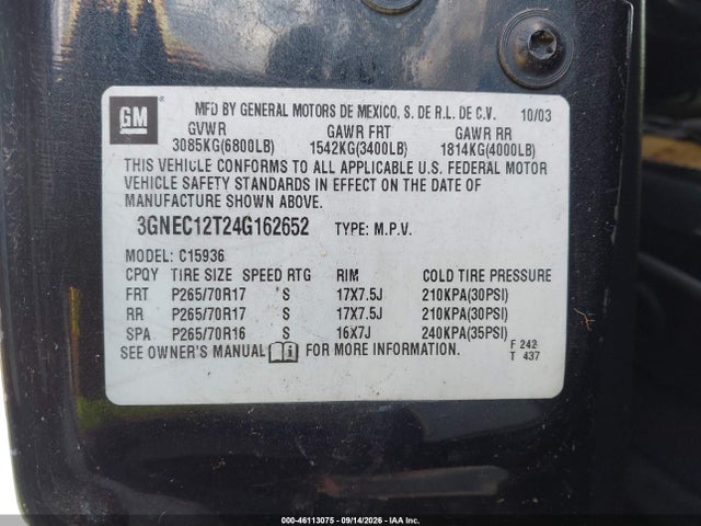 46113075 :رقم المزاد ، 3GNEC12T24G162652 vin ، 2004 Chevrolet Avalanche 1500 مزاد بيع