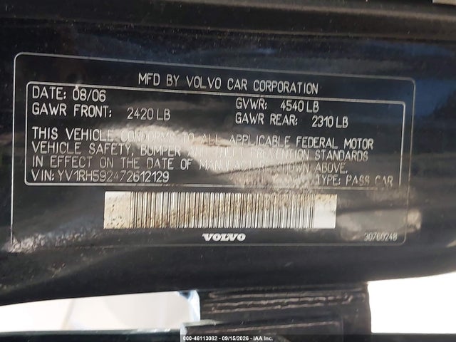 2007 Volvo S60 2.5t მანქანა იყიდება აუქციონზე, vin: YV1RH592472612129, აუქციონის ნომერი: 46113082