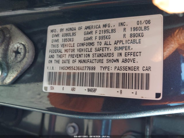46113083 :رقم المزاد ، 1HGCM55436A077699 vin ، 2006 Honda Accord 2.4 Lx مزاد بيع