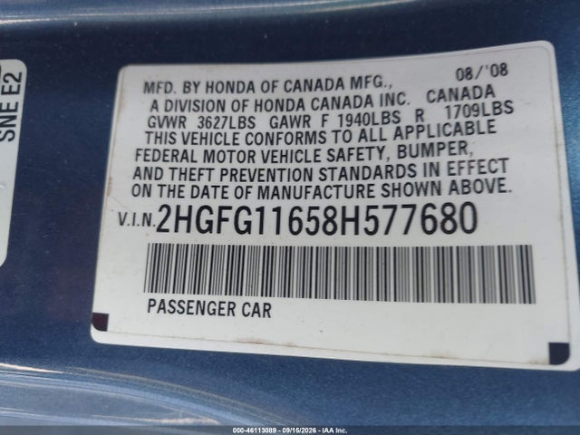 2008 Honda Civic Lx მანქანა იყიდება აუქციონზე, vin: 2HGFG11658H577680, აუქციონის ნომერი: 46113089