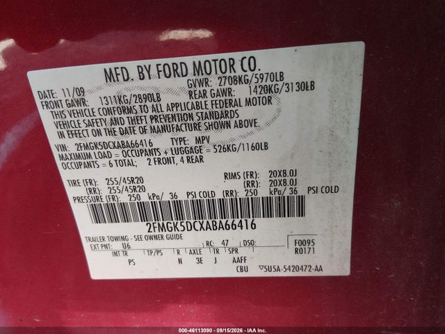 Продаж на аукціоні авто 2010 Ford Flex Limited, vin: 2FMGK5DCXABA66416, номер лоту: 46113090
