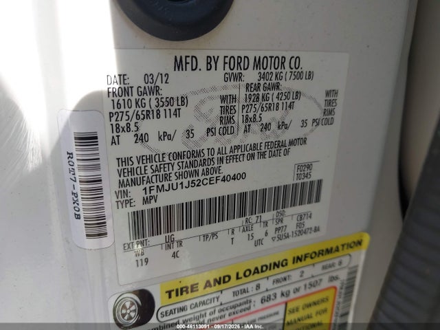 46113091 :رقم المزاد ، 1FMJU1J52CEF40400 vin ، 2012 Ford Expedition Xlt/king Ranch مزاد بيع