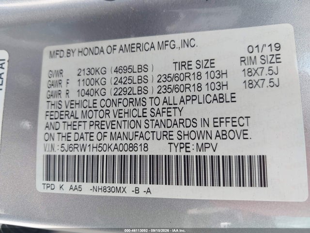 46113092 :رقم المزاد ، 5J6RW1H50KA008618 vin ، 2019 Honda Cr-v Ex مزاد بيع