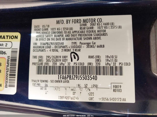 Aukcja sprzedaży 2018 Ford Shelby Gt350, vin: 1FA6P8JZ9J5503540, numer aukcji: 46113101