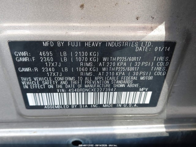 2014 Subaru Outback 3.6r Limited მანქანა იყიდება აუქციონზე, vin: 4S4BRDNCXE2273947, აუქციონის ნომერი: 46113102