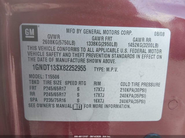 Aukcja sprzedaży 2008 Chevrolet Trailblazer Lt, vin: 1GNDT13SX82252955, numer aukcji: 46113107