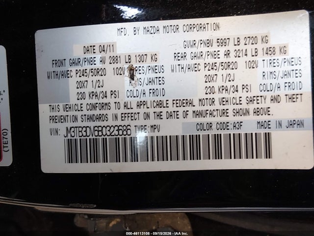46113108 :رقم المزاد ، JM3TB3DV6B0323686 vin ، 2011 Mazda Cx-9 Grand Touring مزاد بيع